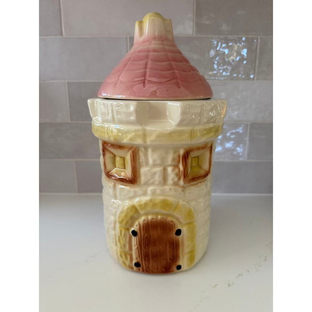 Vtg Collectible Bisque Cardinal China Castle Tower Cookie Jar Canister USA 1950s